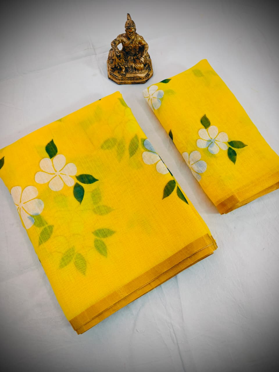 Peachmode Yellow Linen Cotton Saree with Floral Print - Image 5
