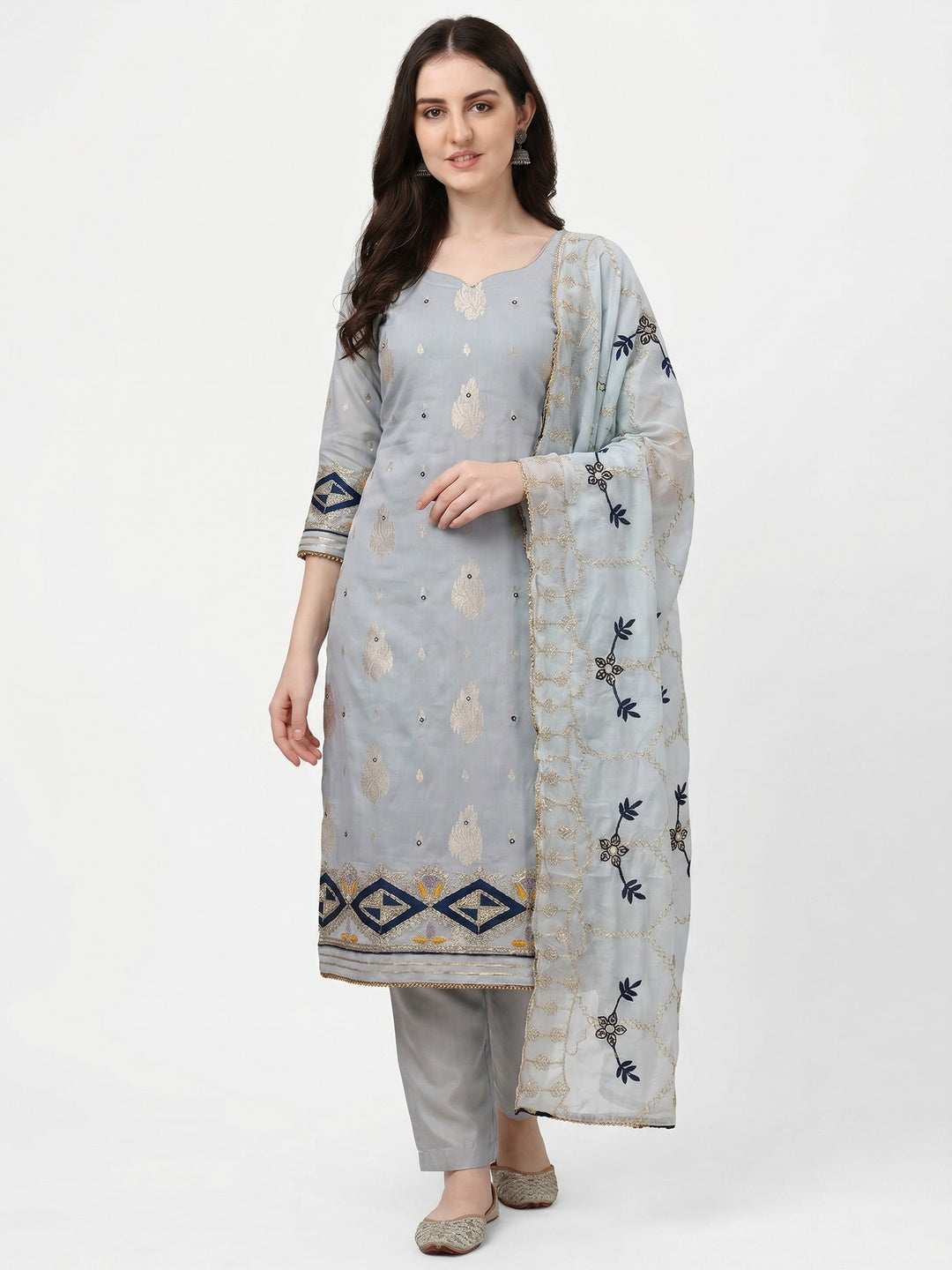 Grey Floral Woven Banarasi Silk Dress Material - Image 1
