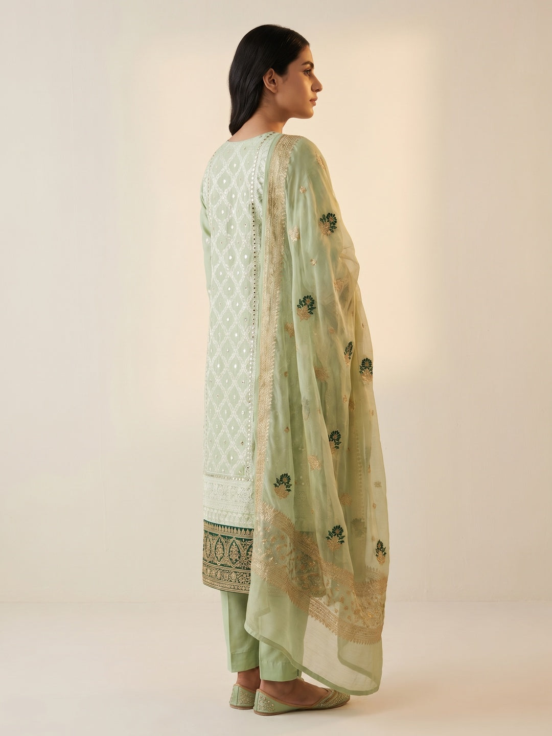 Green Floral Woven Banarasi Silk Dress Material - Image 2