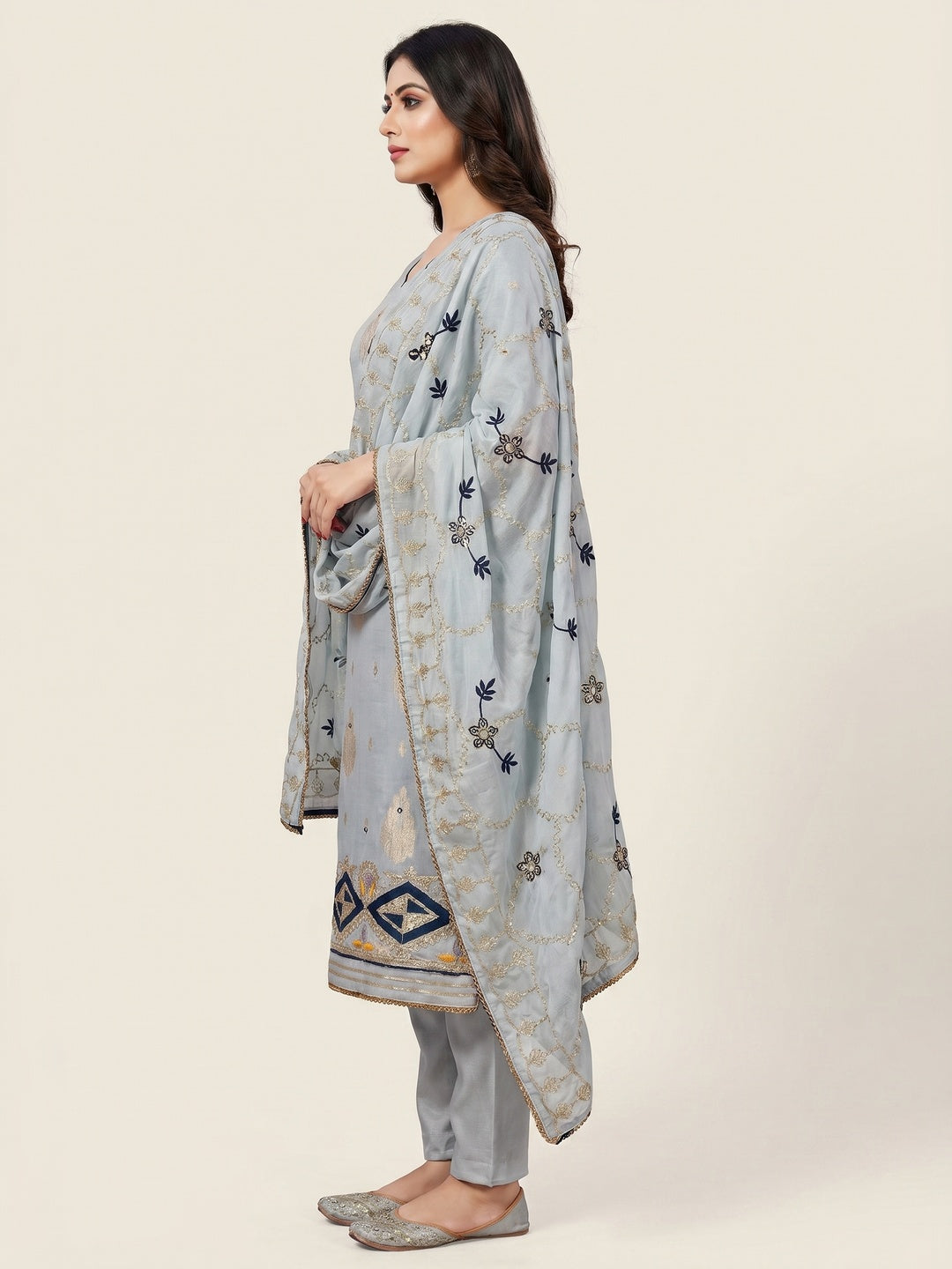Grey Floral Woven Banarasi Silk Dress Material - Image 3