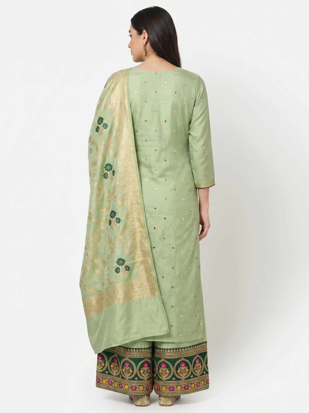 Green Floral Woven Banarasi Silk Dress Material - Image 3