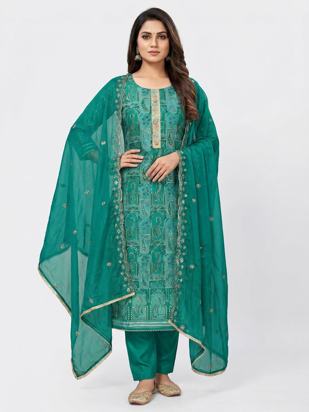 Rama Green Floral Embroidered With Printed Organza Dress Material - Image 1