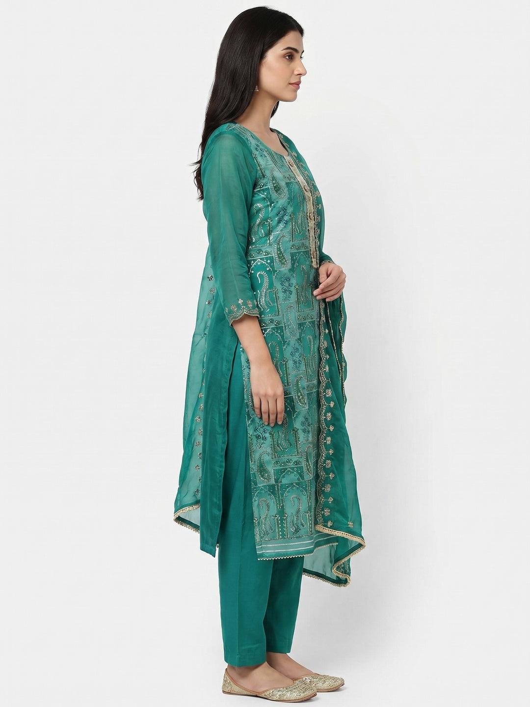 Rama Green Floral Embroidered With Printed Organza Dress Material - Image 2