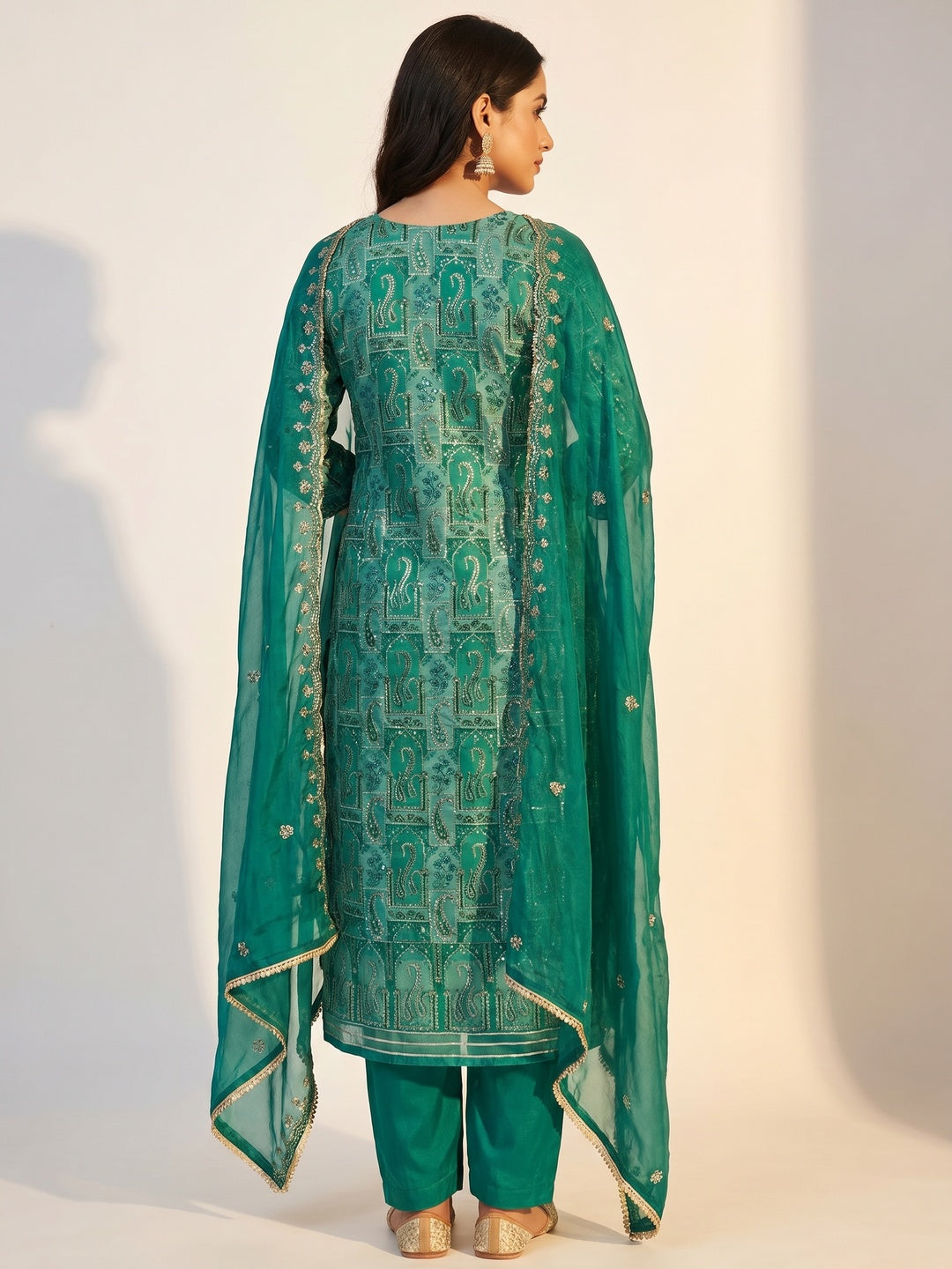 Rama Green Floral Embroidered With Printed Organza Dress Material - Image 3
