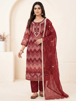 Maroon Sequins Embroidered With Handwork Organza Dress Material - Image 1