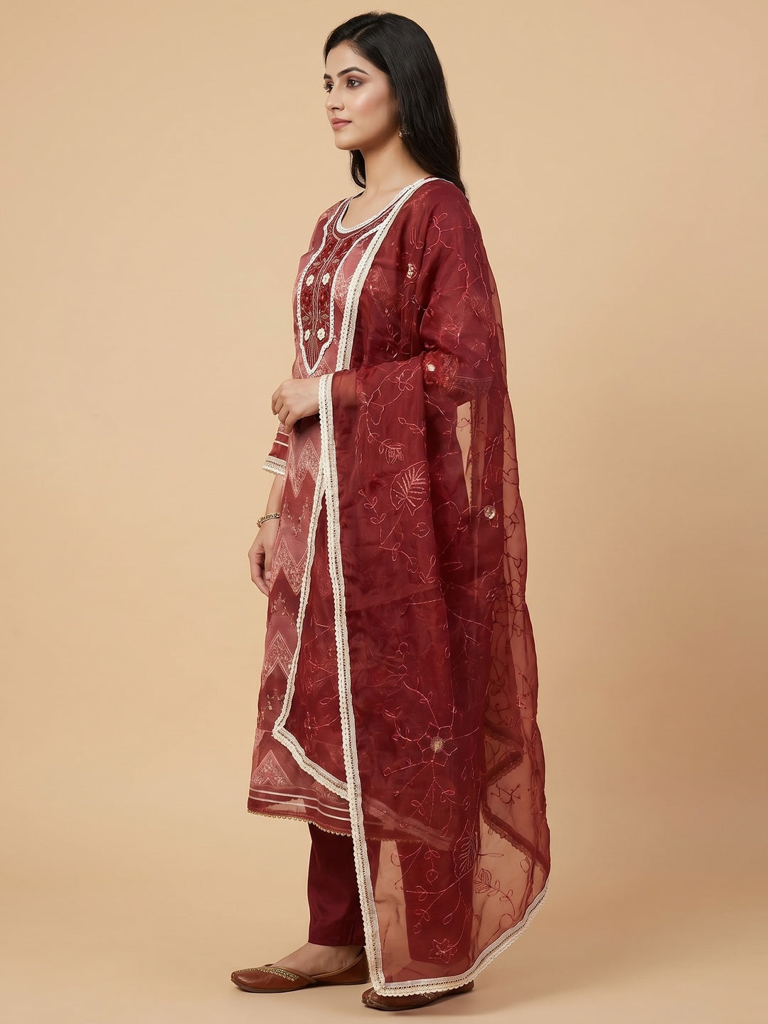 Maroon Sequins Embroidered With Handwork Organza Dress Material - Image 3