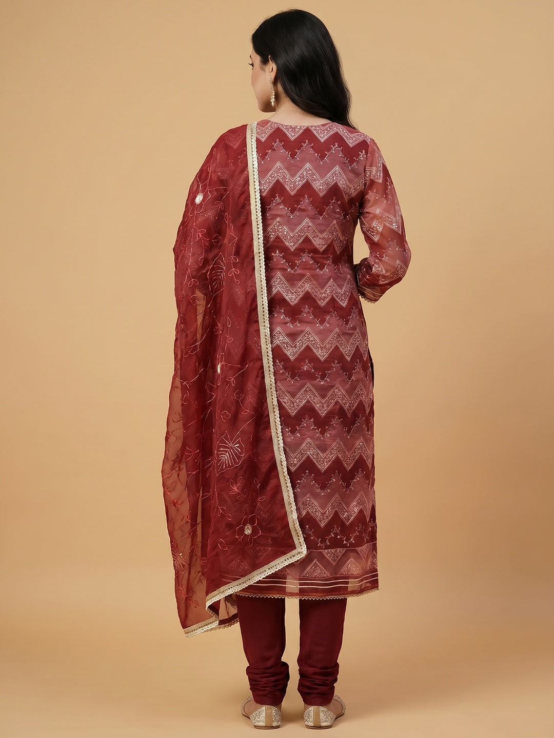 Maroon Sequins Embroidered With Handwork Organza Dress Material - Image 2