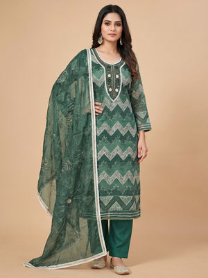 Green Sequins Embroidered With Handwork Organza Dress Material - Image 1