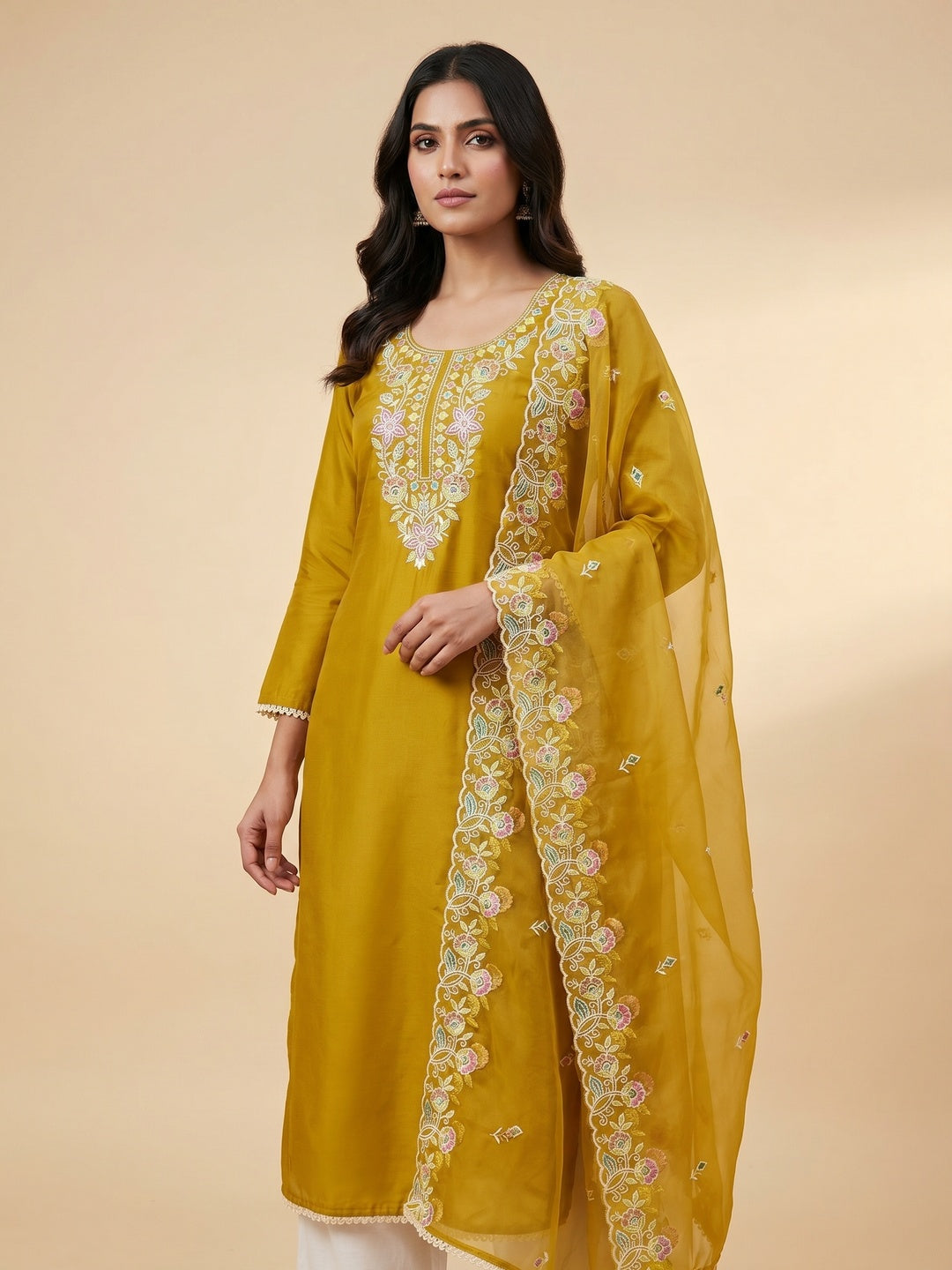 Mustard Floral Embroidered Cotton Silk Dress Material - Image 1
