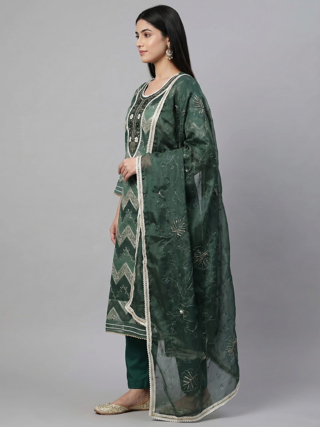 Green Sequins Embroidered With Handwork Organza Dress Material - Image 2