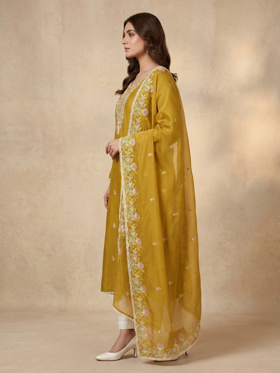 Mustard Floral Embroidered Cotton Silk Dress Material - Image 2