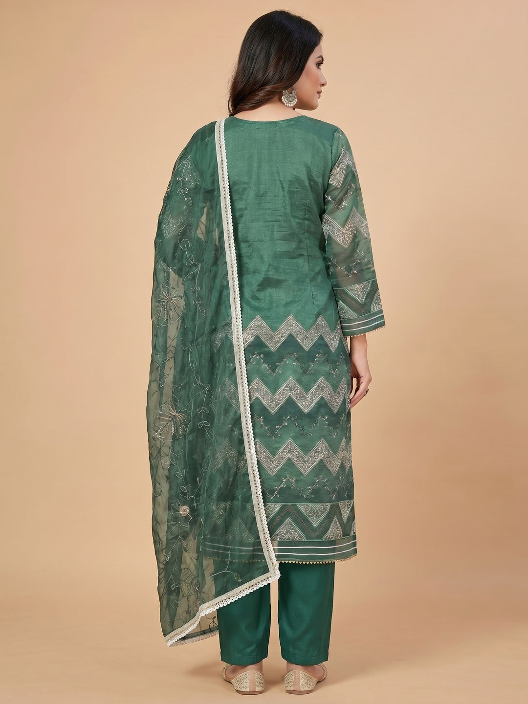Green Sequins Embroidered With Handwork Organza Dress Material - Image 3