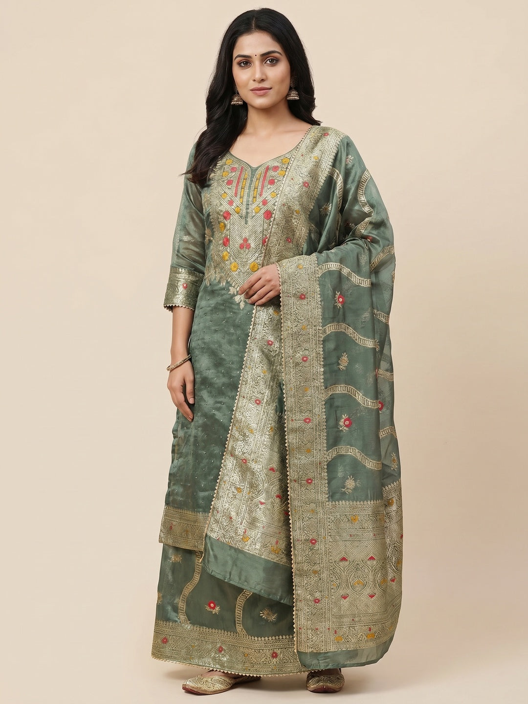 Green Woven Organza Dress Material - Image 1