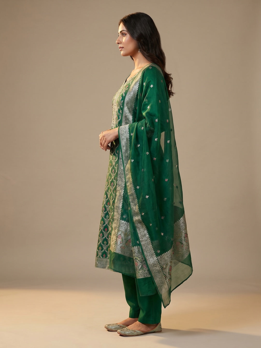 Green Woven Organza Dress Material - Image 2