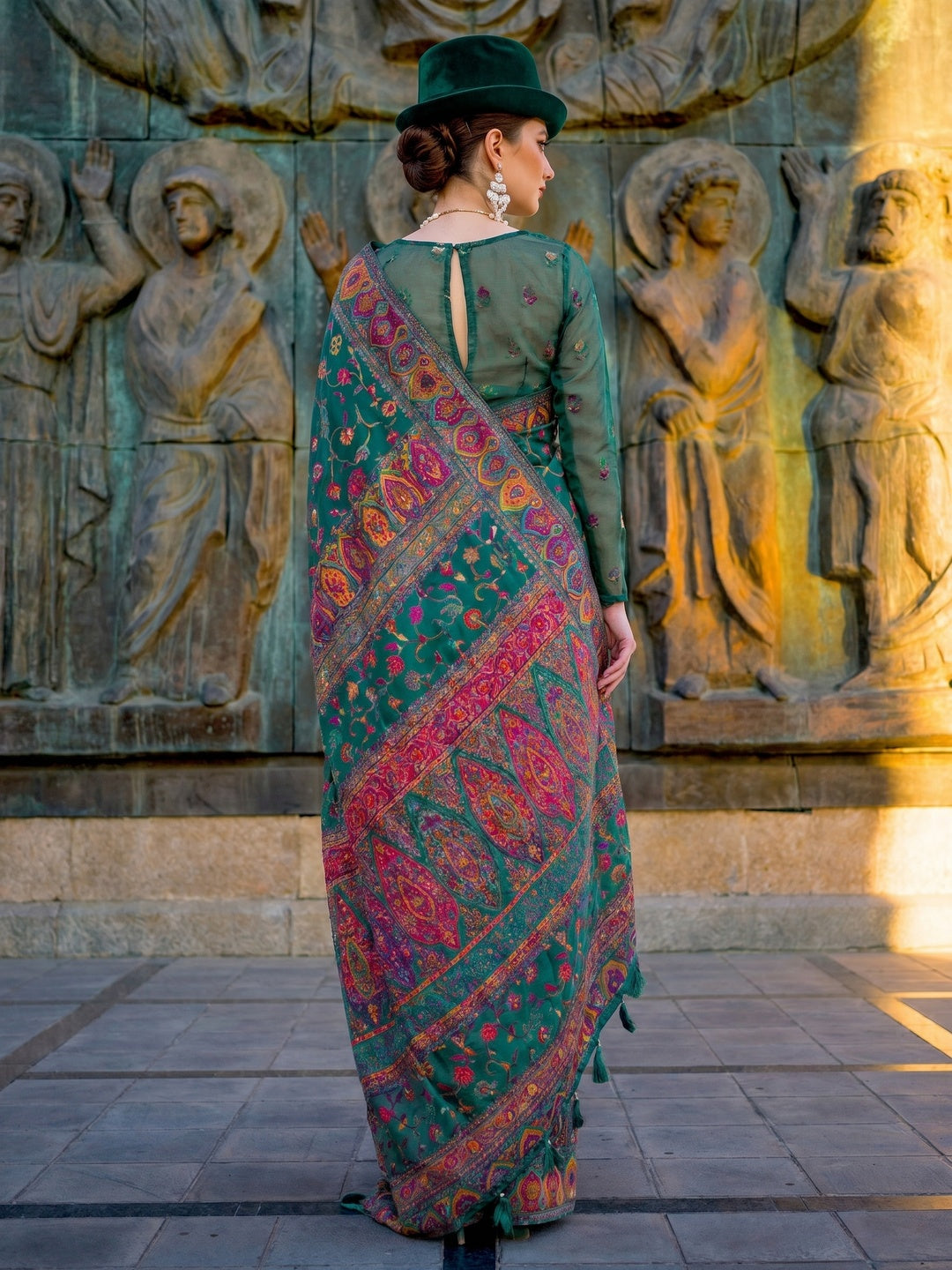 Green Woven Kashmiri Organza Saree With Tassels - Image 1