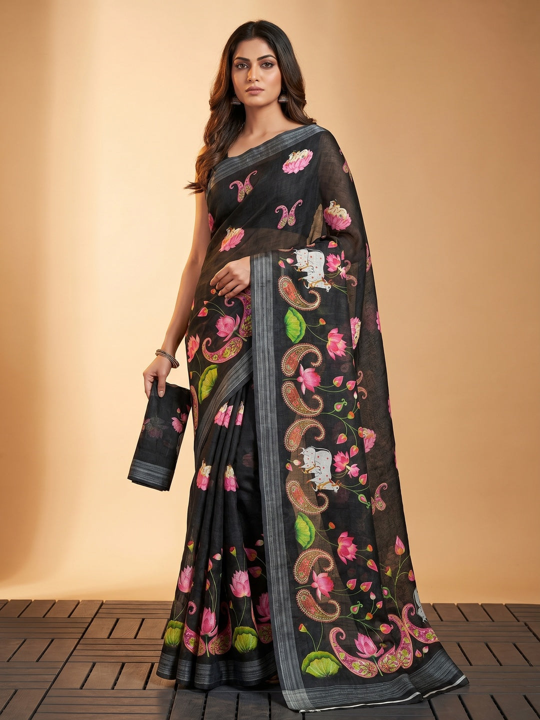 Black Digital Printed Linen Saree - Image 1