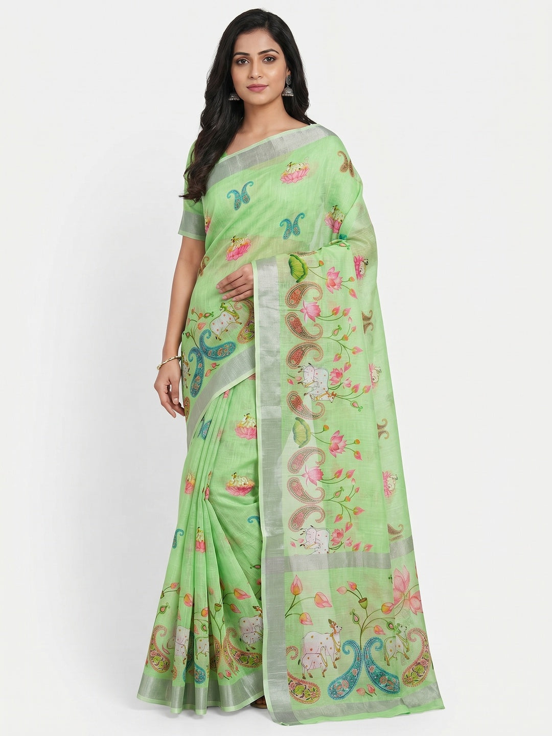 Pista Green Digital Printed Linen Saree - Image 1