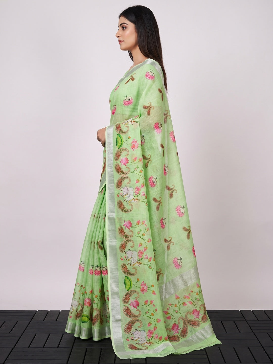 Pista Green Digital Printed Linen Saree - Image 3