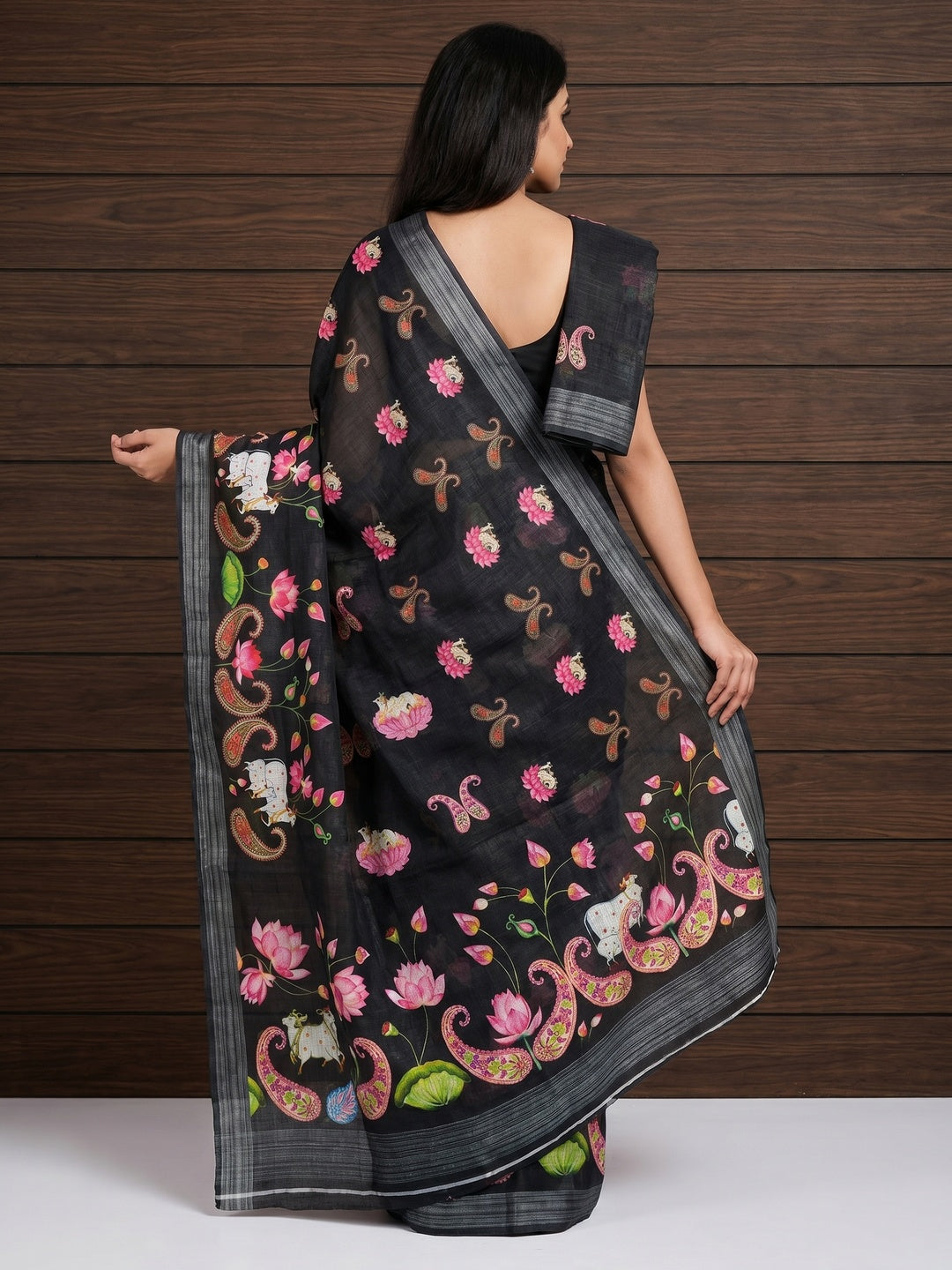 Black Digital Printed Linen Saree - Image 2