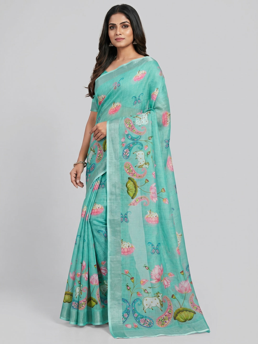 Turquoise Digital Printed Linen Saree - Image 1