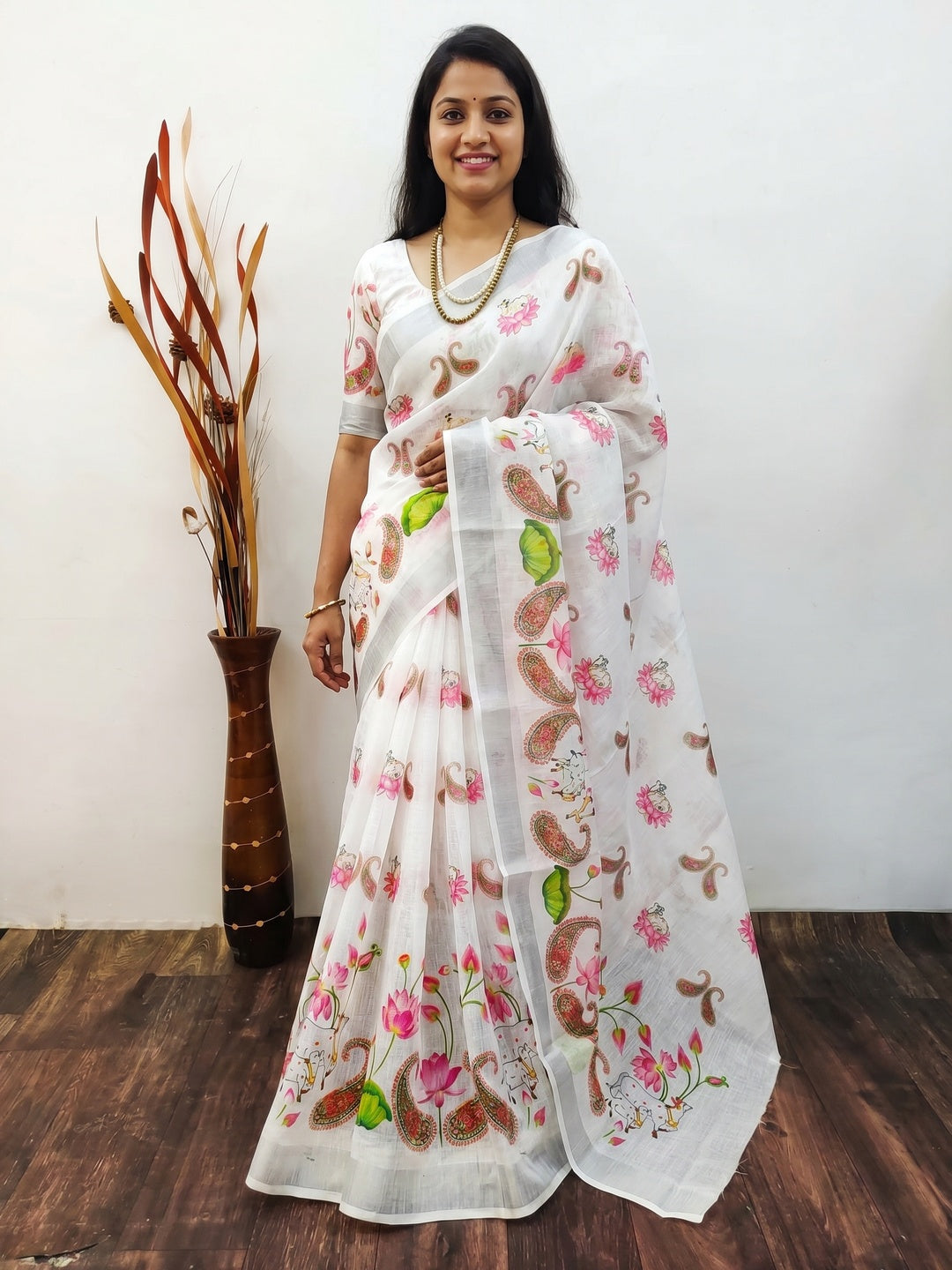 White Digital Printed Linen Saree - Image 1