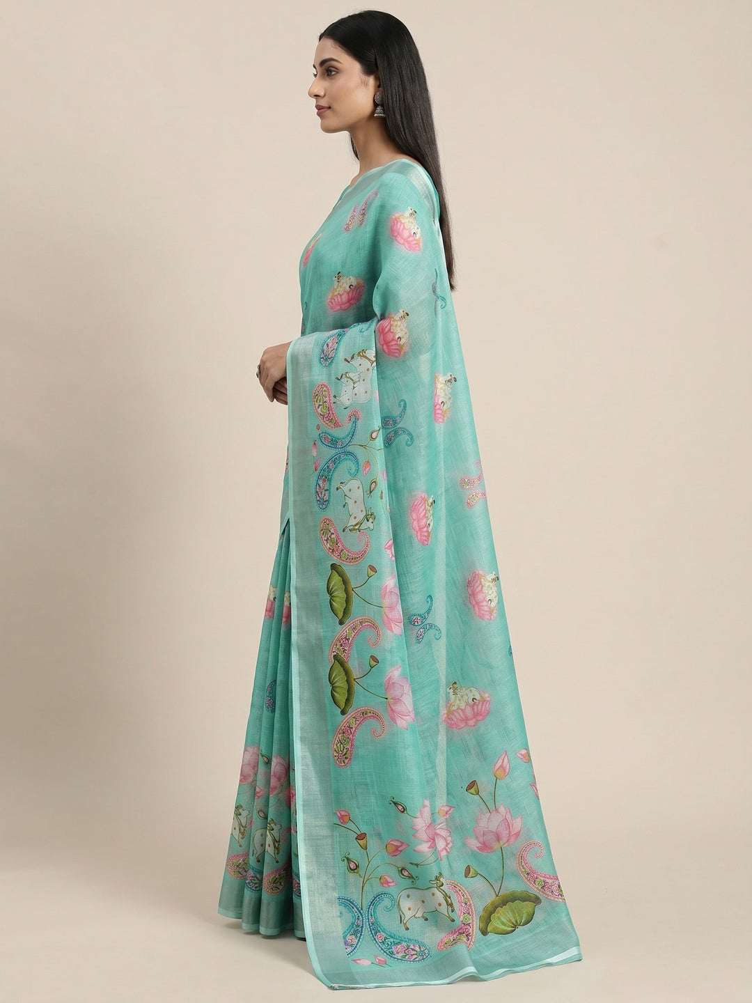 Turquoise Digital Printed Linen Saree - Image 2