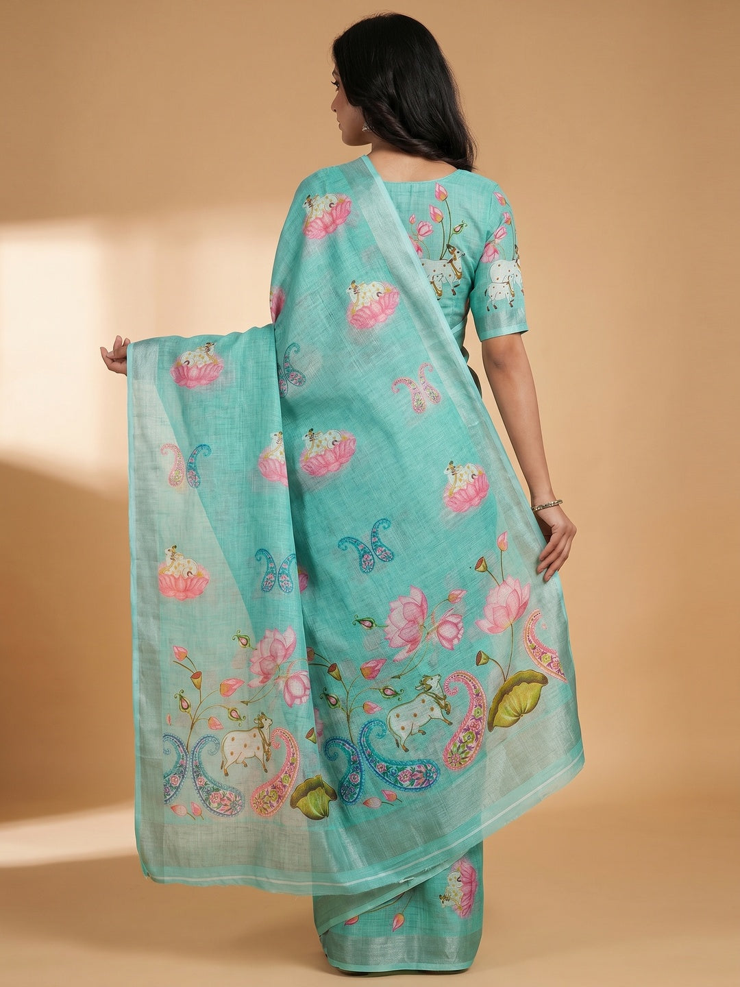Turquoise Digital Printed Linen Saree - Image 3