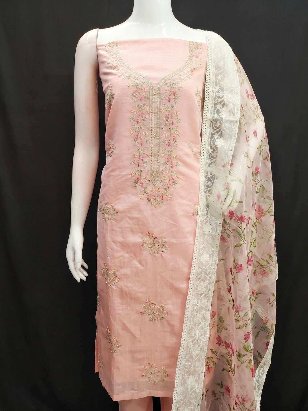 Peach Floral Embroidered Chanderi Silk Dress Material - Image 1