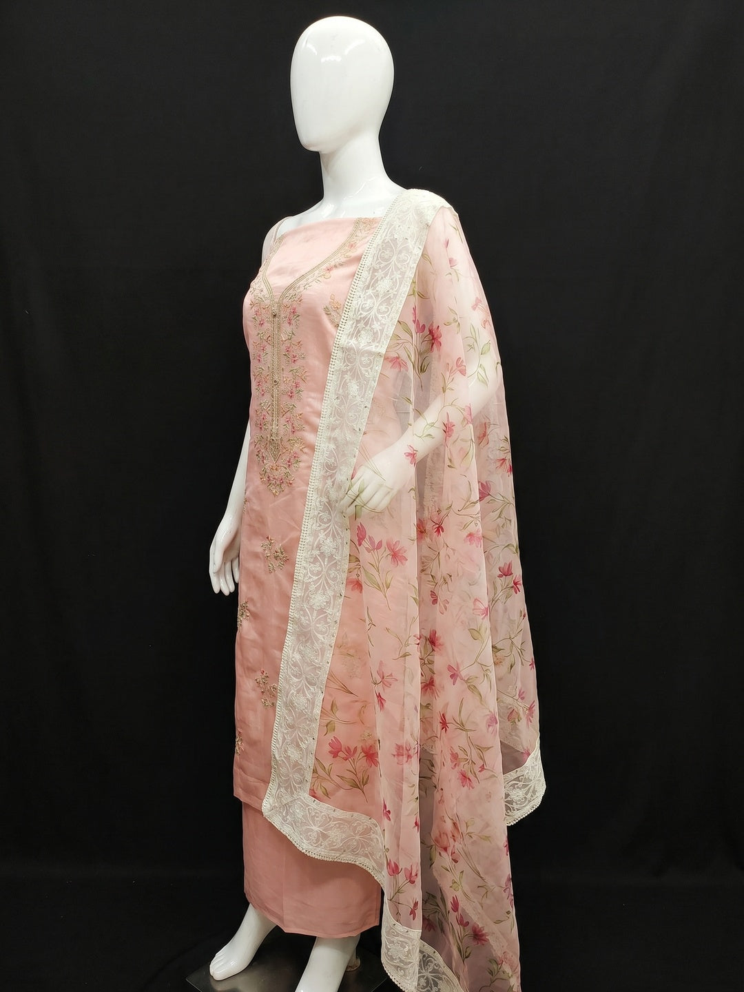 Peach Floral Embroidered Chanderi Silk Dress Material - Image 2