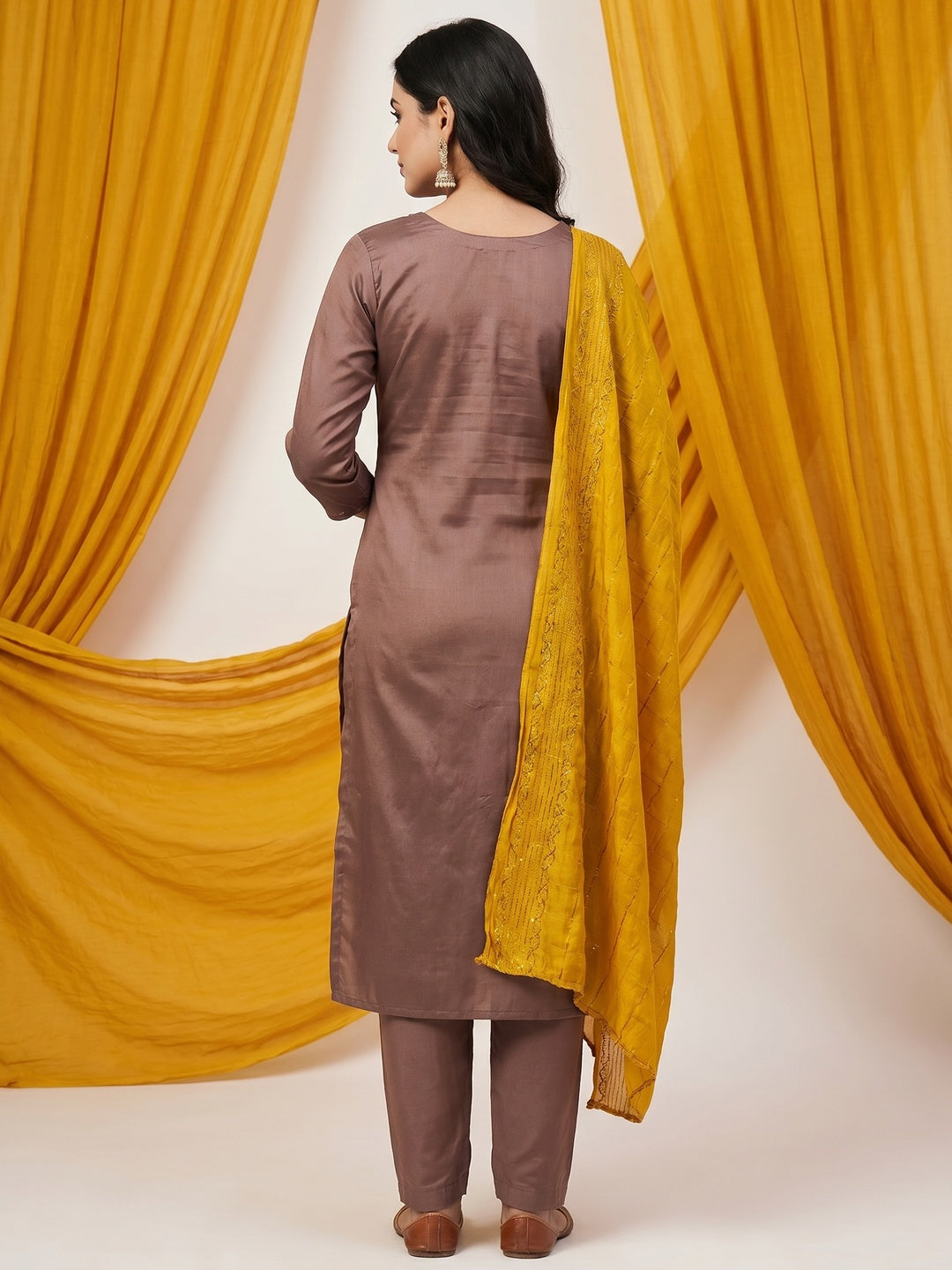 Brown Sequins Embroidered Cotton Silk Dress Material - Image 2