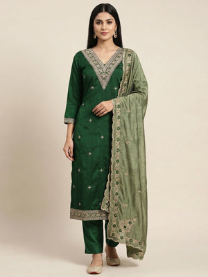 Green Floral Embroidered Vichitra Silk Dress Material - Image 1