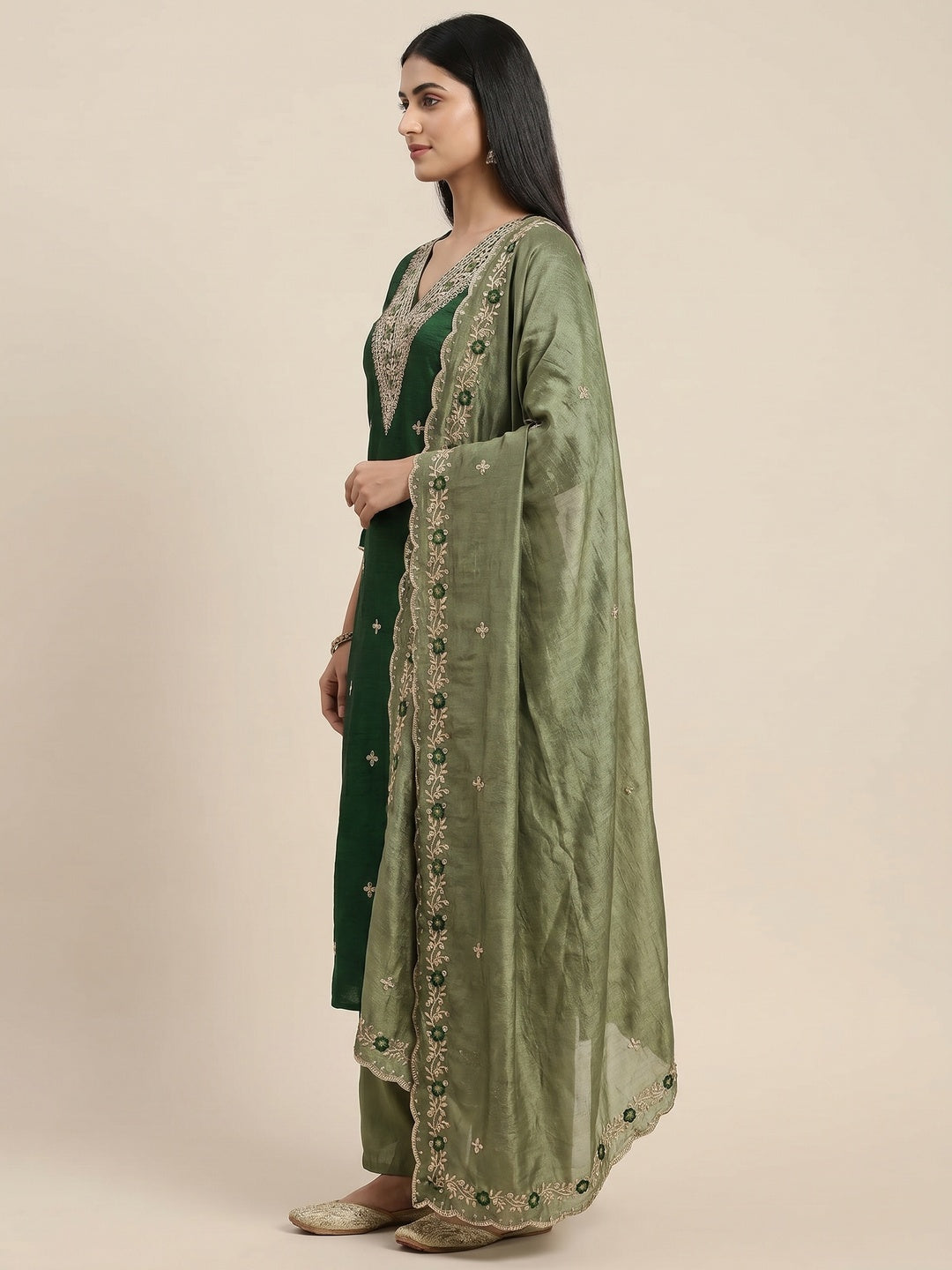 Green Floral Embroidered Vichitra Silk Dress Material - Image 3