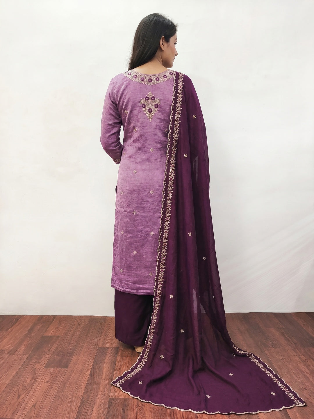 Pink Floral Embroidered Vichitra Silk Dress Material - Image 2