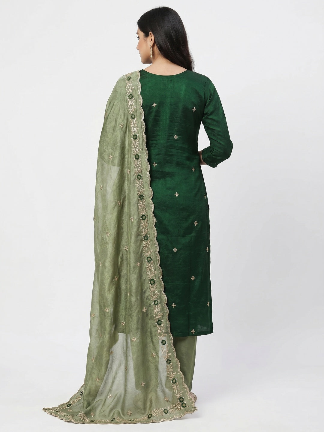 Green Floral Embroidered Vichitra Silk Dress Material - Image 2