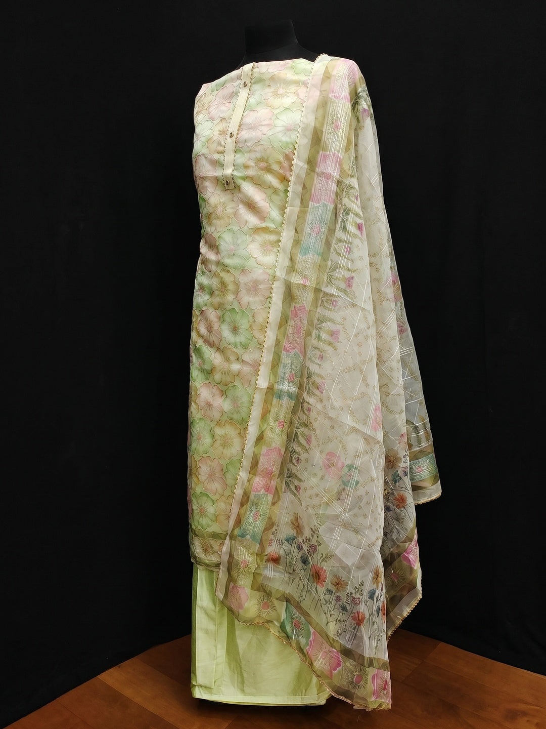 Green Floral Printed Organza Dress Material - Image 3