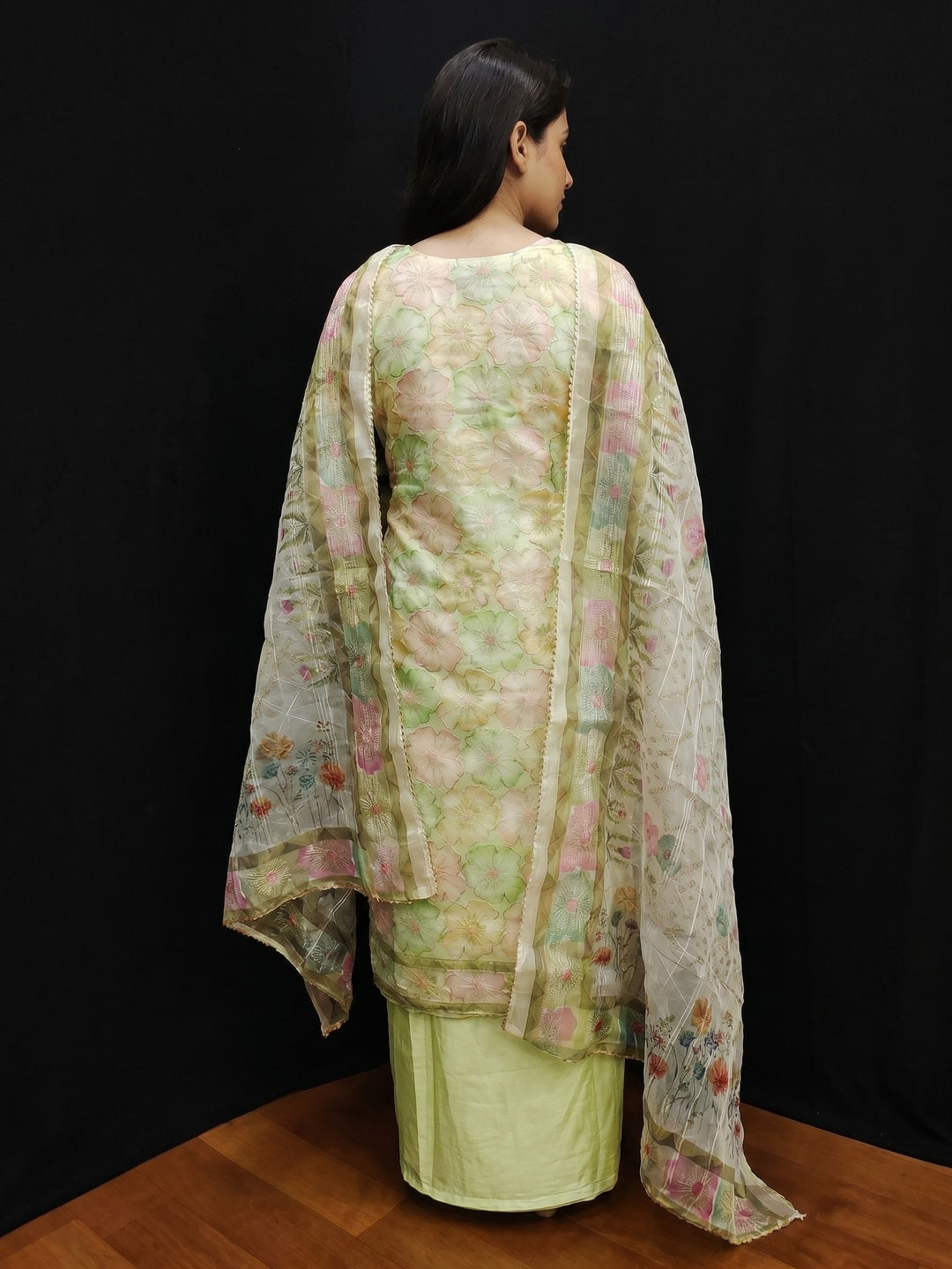 Green Floral Printed Organza Dress Material - Image 2