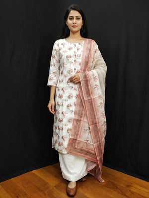 White & Rust Printed Linen Dress Material - Image 1