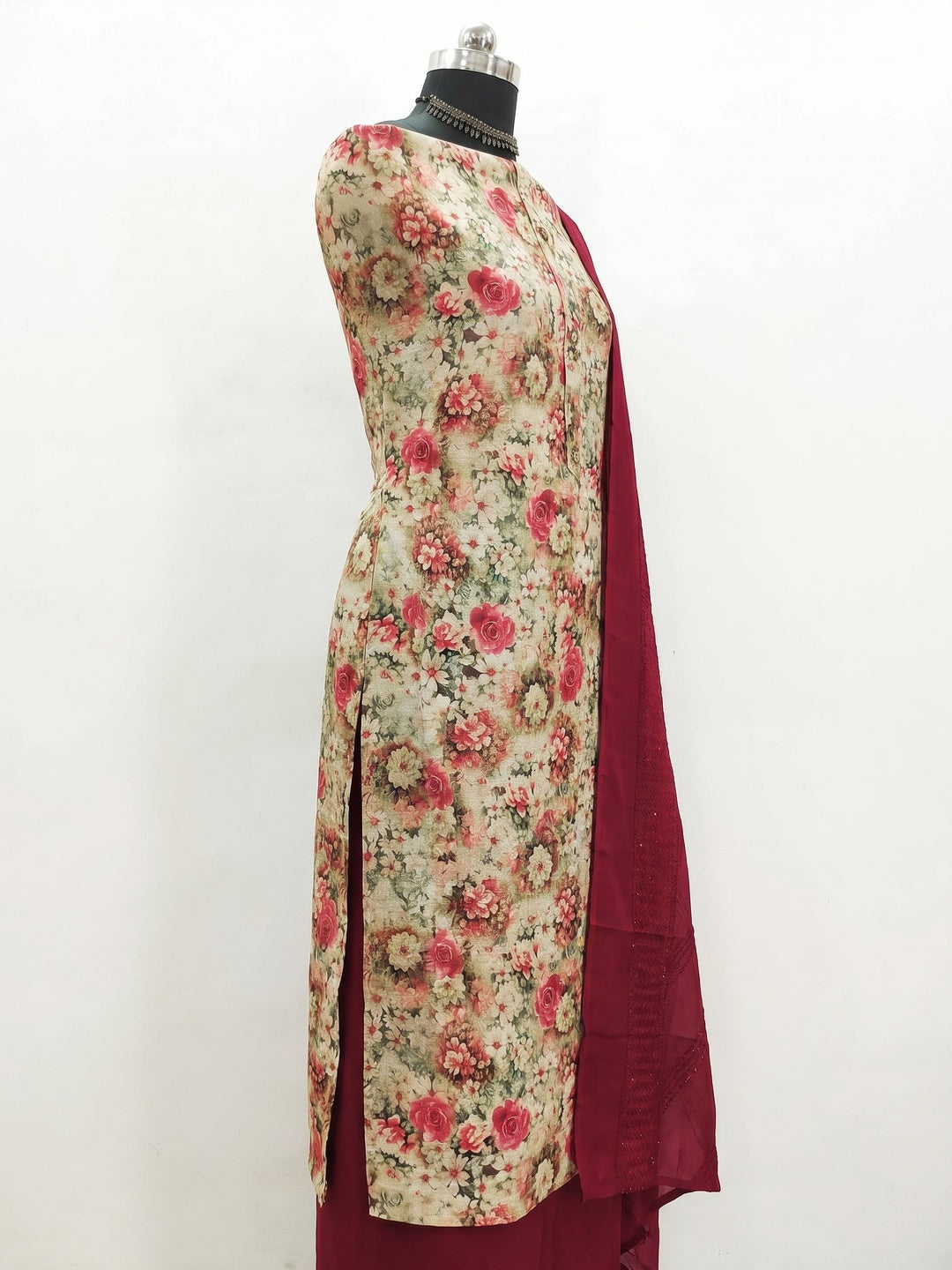 Beige Floral Printed Cotton Silk Dress Material - Image 2
