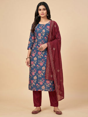 Blue Floral Printed Cotton Silk Dress Material - Image 1