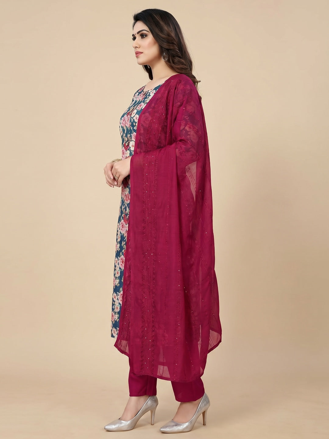 Blue Floral Printed Cotton Silk Dress Material - Image 3