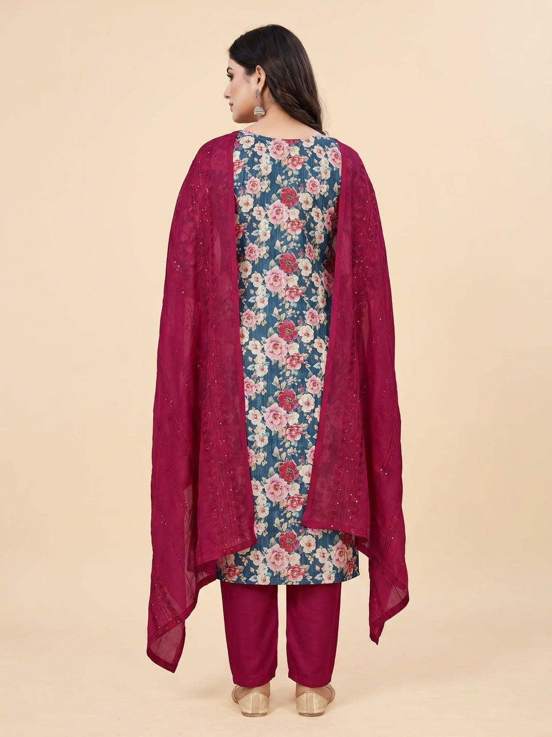 Blue Floral Printed Cotton Silk Dress Material - Image 2