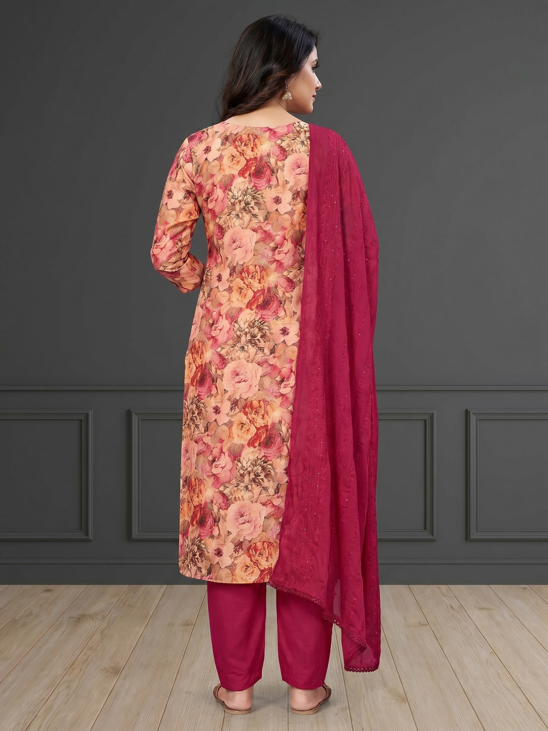 Peach Floral Printed Cotton Silk Dress Material - Image 2
