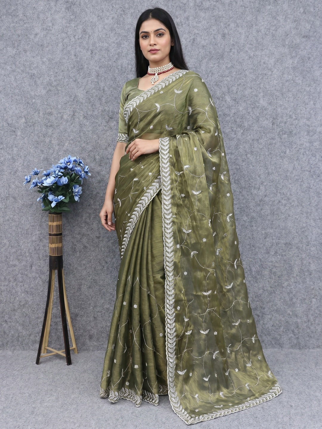 Olive Green Sequins Embroidered Chiffon Saree - Image 1