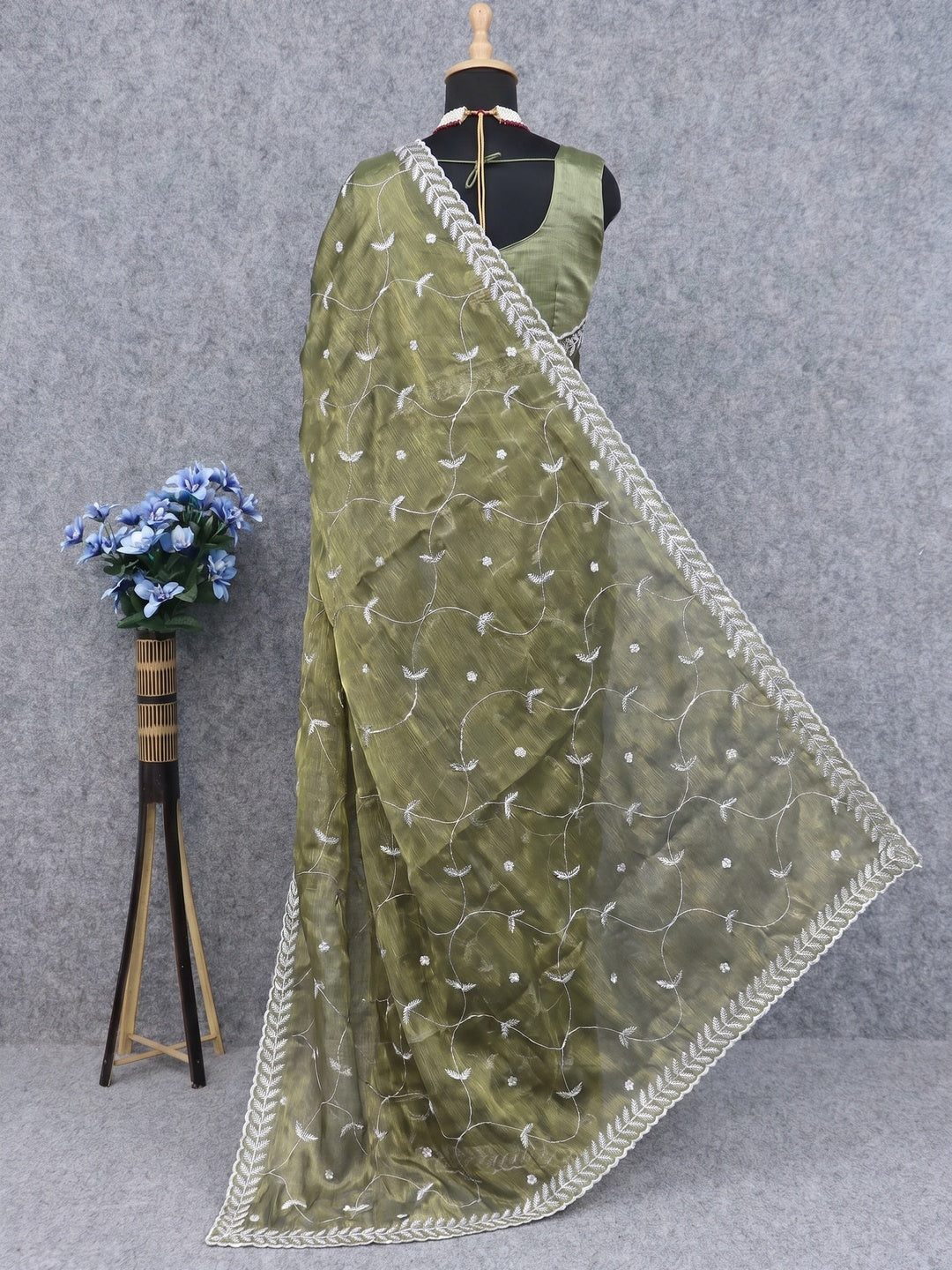 Olive Green Sequins Embroidered Chiffon Saree - Image 3