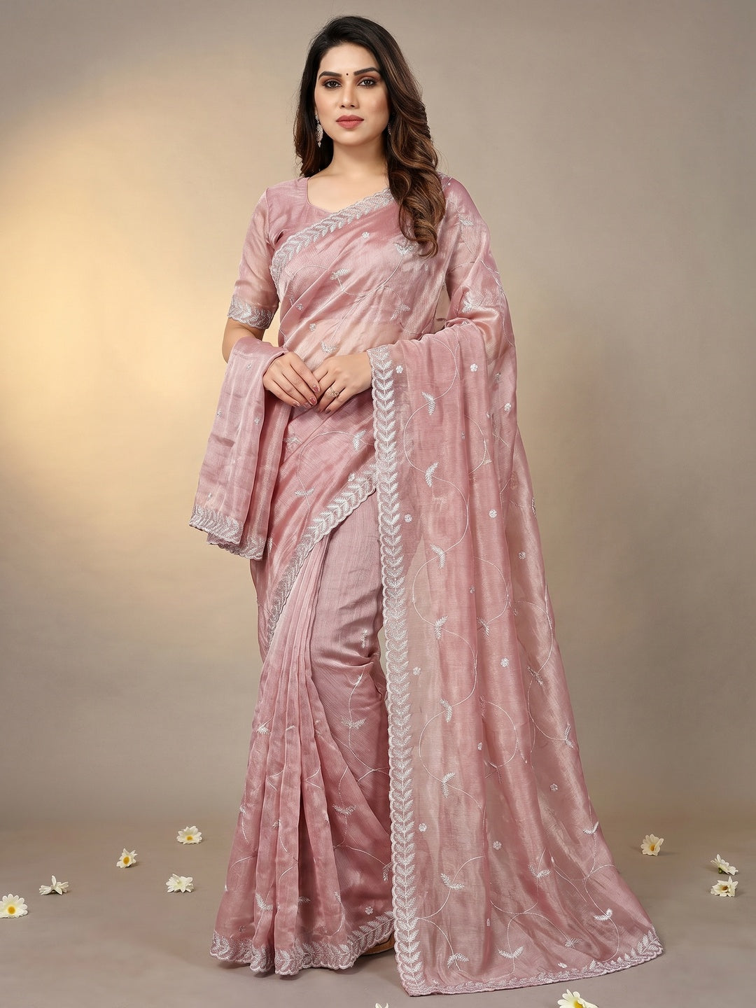 Powder Pink Sequins Embroidered Chiffon Saree - Image 1