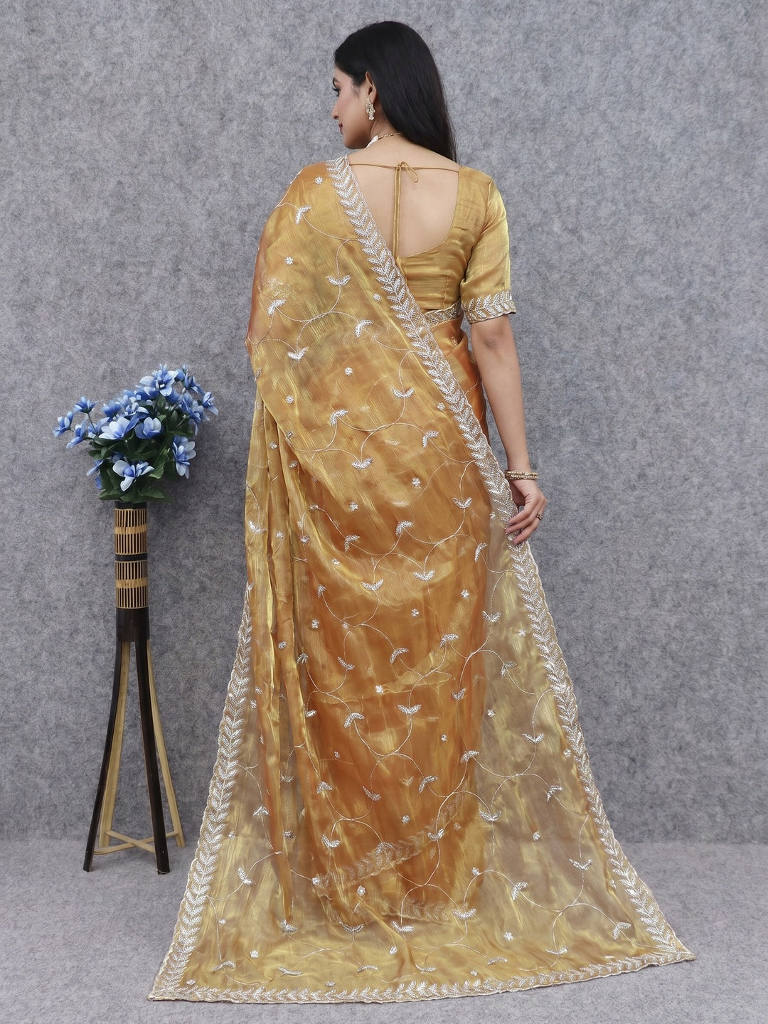 Golden Sequins Embroidered Chiffon Saree - Image 2