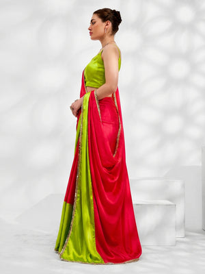 Pink & Green Solid Pure Silk Saree With Mirror Work Border - Image 1