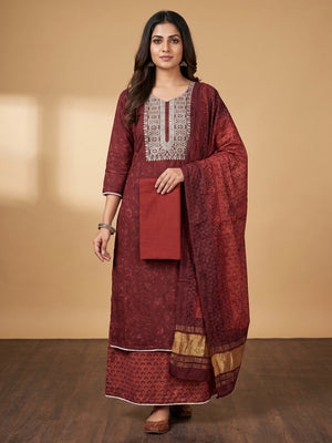 Maroon Floral Printed Pure Cotton Dress Material - Image 1