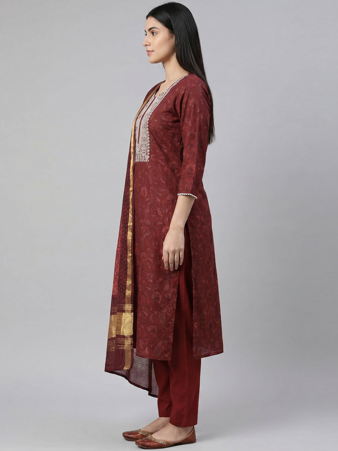 Maroon Floral Printed Pure Cotton Dress Material - Image 2