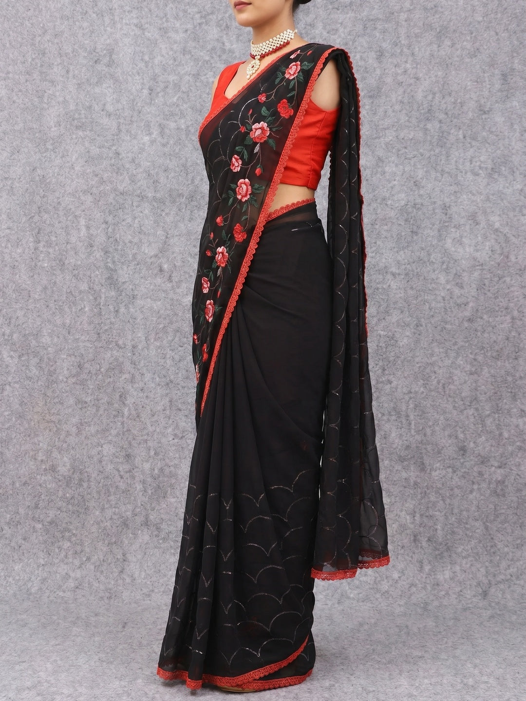 Black Floral Embroidered Georgette Saree - Image 3